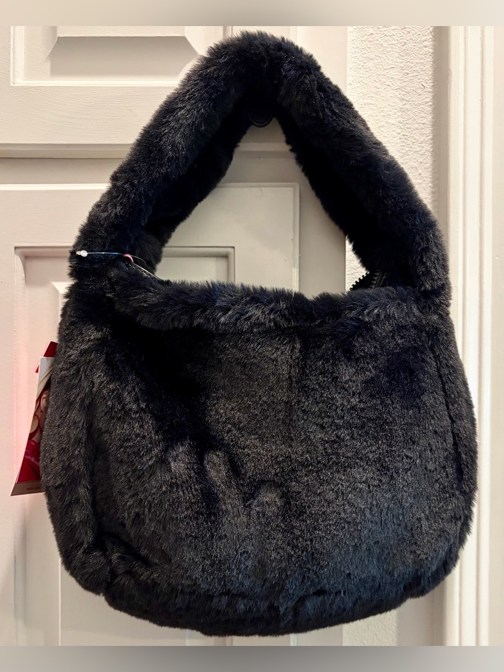 NWT PARIS HILTON Black Faux Fur Shoulder Bag with Rhinestone Script Logo - Picture 2 of 6